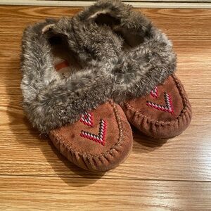 Women's Brown and Red Moccasin Slippers